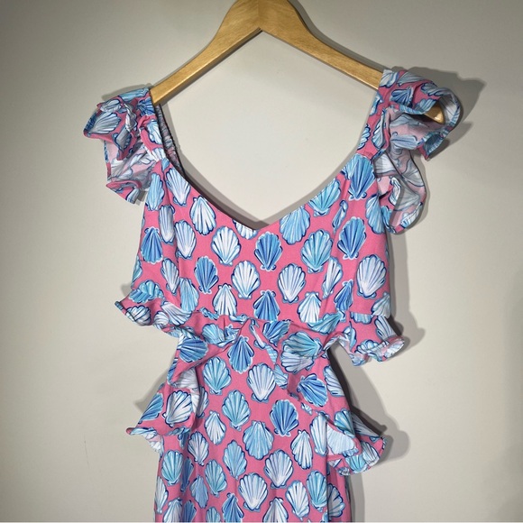 NEW Simply Southern Pink & Blue Seashell Maxi Dress W/ Side Cut Outs & Ruffles - Picture 3 of 15